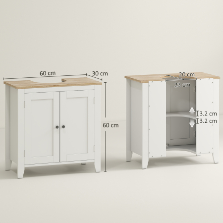  Dulap sub Chiuveta Baie in forma de U cu Raft Reglabil la Interior, din MDF, 60x30x60 cm, Alb si Lemn Natur [2]