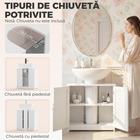  Dulap Sub Chiuveta cu 2 Usi, Raft Reglabil si Decupaj in Forma de U, 60x30x60 cm, Alb [3]