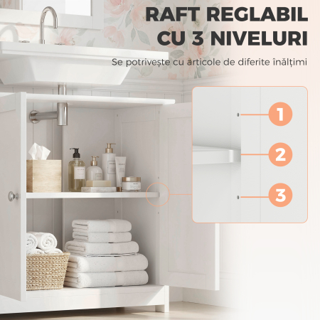 Dulap Sub Chiuveta cu 2 Usi, Raft Reglabil si Decupaj in Forma de U, 60x30x60 cm, Alb [6]