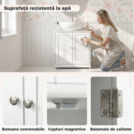  Dulap Sub Chiuveta cu 2 Usi, Raft Reglabil si Decupaj in Forma de U, 60x30x60 cm, Alb [7]