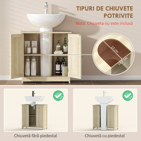  Dulap Sub Chiuveta cu 2 Usi si Raft Reglabil, Dulap de Baie Spatios cu Decupaj in Forma de U, 60x30x60 cm, Alb [3]