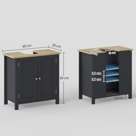  Dulap Sub Chiuveta din PAL si MDF cu 2 Usi si Raft Interior Reglabil, 60x30x60 cm, Gri [2]