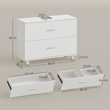  Dulap Sub Lavoar pentru Baie cu 2 Sertare, Dulap Modern si Economisitor de Spatiu pentru Lavoare Fara Piedestal, 80x30x60 cm, Alb [2]