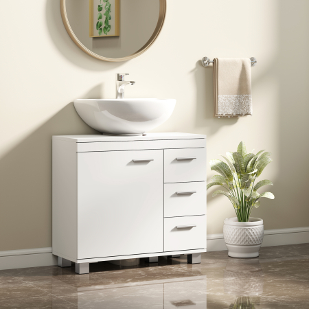  Dulap Sub Lavoar pentru Baie cu Usa Amortizata si 3 Sertare, Decupaj in Forma de U si Rafturi, Dulap Modern si Compact pentru Lavoare cu Piedestal sau Fara, Alb [1]
