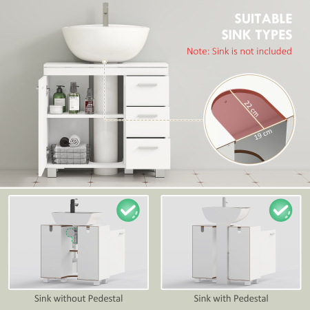  Dulap Sub Lavoar pentru Baie cu Usa Amortizata si 3 Sertare, Decupaj in Forma de U si Rafturi, Dulap Modern si Compact pentru Lavoare cu Piedestal sau Fara, Alb [3]