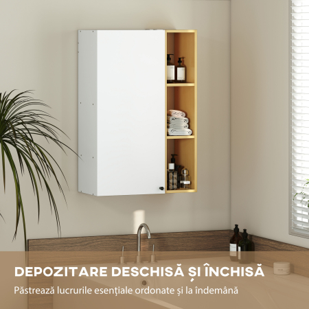  Dulap Suspendat pentru Baie cu Rafturi Reglabile si 3 Polite Deschise, 59,5x30x90 cm, Alb si Lemn [3]