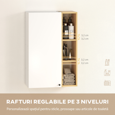  Dulap Suspendat pentru Baie cu Rafturi Reglabile si 3 Polite Deschise, 59,5x30x90 cm, Alb si Lemn [4]