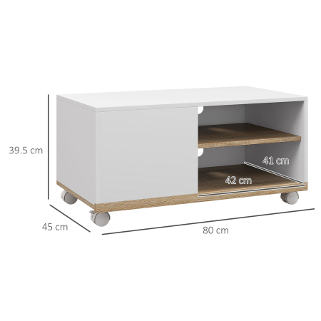  Dulap TV 42" Max cu 2 Rafturi deschise si Usa, Dulap TV Jos din PAL cu Roti, 80x45x39.5 cm, Alb [2]