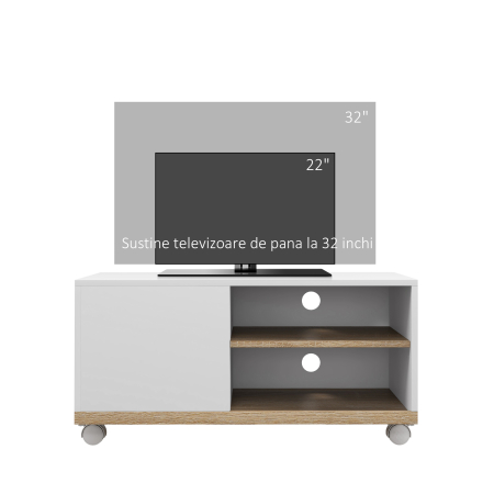  Dulap TV 42" Max cu 2 Rafturi deschise si Usa, Dulap TV Jos din PAL cu Roti, 80x45x39.5 cm, Alb [3]