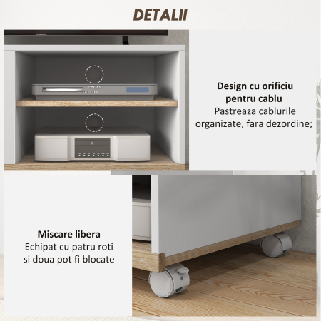  Dulap TV 42" Max cu 2 Rafturi deschise si Usa, Dulap TV Jos din PAL cu Roti, 80x45x39.5 cm, Alb [5]