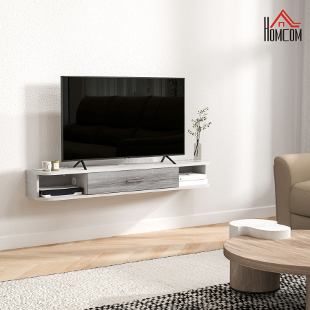  Dulap TV Suspendat din Lemn cu 2 Rafturi Deschise si Dulap, 120x26x16 cm, Alb si Gri [1]