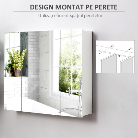  Dulapior Baie cu 3 Usi cu Oglinda, Dulapior Suspendat Baie din lemn Alb, Etajere Interioare Reglabile, 70x15x60cm [3]