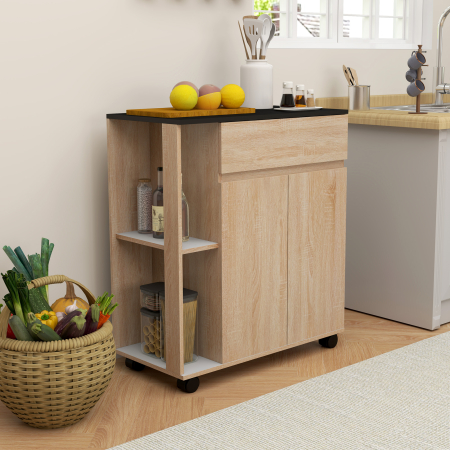  Dulapior Bucatarie - Lemn Stejar & Negru, Cu Sertare & Roti [8]