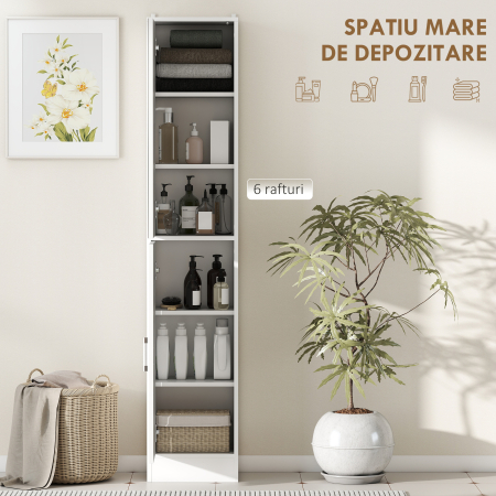  Dulapior Coloana de Baie din Lemn cu 5 Rafturi si Usa cu Oglinda, 32x28x162 cm, Alb [3]