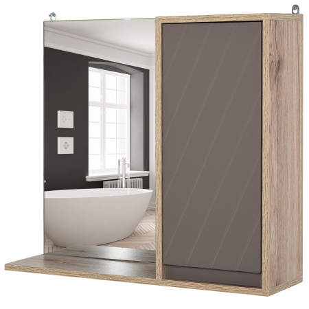 Mobilier pentru baie -  Dulapior suspendat pentru Baie, cu Usa cu Oglinda, Gri si Stejar
