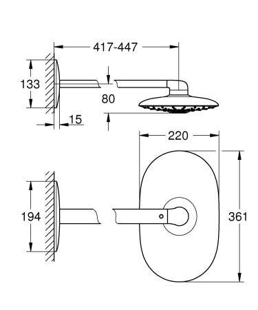Dus fix Grohe 26254000, 360 mm, 1 bar, 220 mm, 361 mm, 447 mm, 2 pulverizari, 26264001 cod valva incastrata, Crom [2]