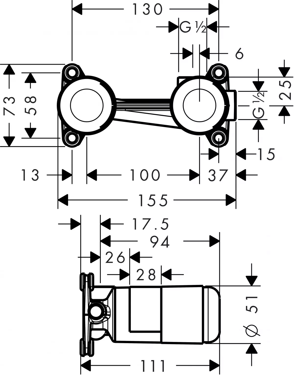 Element incastrat Axor 13623180, 1/2'', pentru baterii lavoar monocomanda, reversibil [1]
