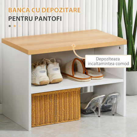  Entryway Organizer with Shoe Bench, Shoe Rack, Hall Tree with 4 Hooks, Coat Rack for Hallway, White and Natural [5]