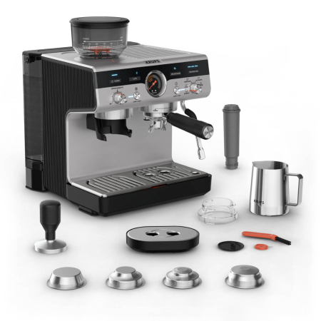 Bucatarie - Espressor manual cu rasnita Krups Precision XP801T10, 15 bari, rezervor apa 3.5 L, 30 trepte de rasnire, 3 trepte temperatura, 3 trepte pre-infuzare, 