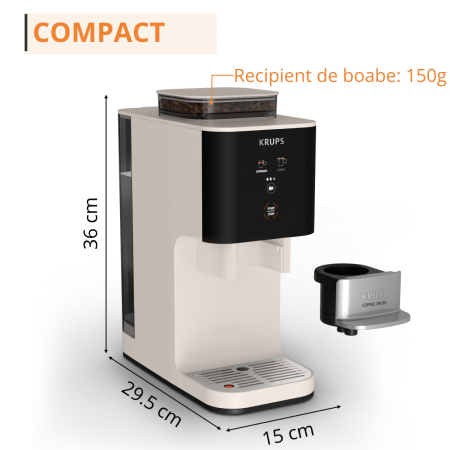 Espressor semi-automat Krups Coffee Crush SA4001E0, 1370 W, 15 bari, sistem bean-to-cup, rasnita inox, preparare one-touch, intensitate cafea ajustabi [9]