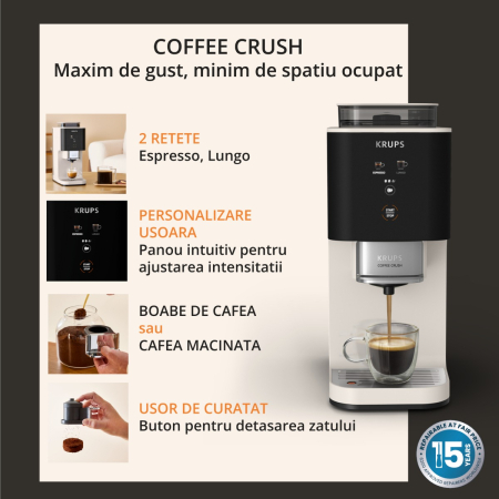 Espressor semi-automat Krups Coffee Crush SA4001E0, 1370 W, 15 bari, sistem bean-to-cup, rasnita inox, preparare one-touch, intensitate cafea ajustabi [3]