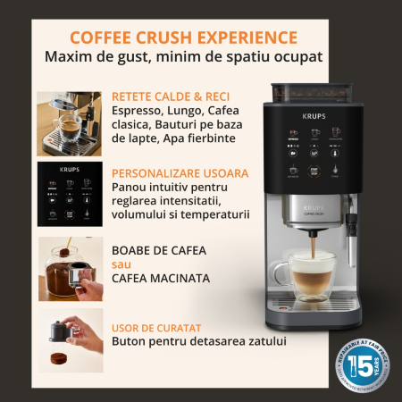 Espressor semi-automat Krups Coffee Crush SA404BE1, 1370 W, 15 bari, 6 retete, sistem bean-to-cup, rasnita inox, duza de abur pentru spumarea laptelui [6]