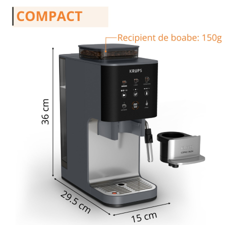 Espressor semi-automat Krups Coffee Crush SA404BE1, 1370 W, 15 bari, 6 retete, sistem bean-to-cup, rasnita inox, duza de abur pentru spumarea laptelui [12]