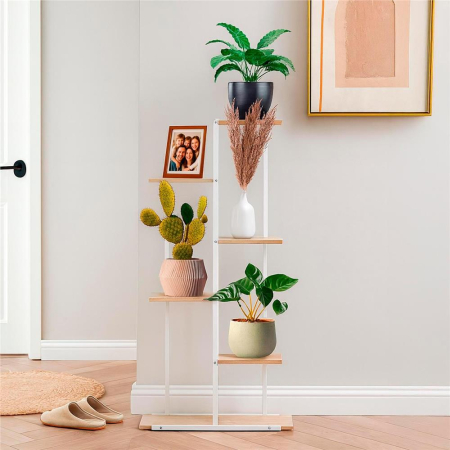 Etajera cu 6 rafturi din metal si MDF, 60x20x113 cm, alb si maro [10]