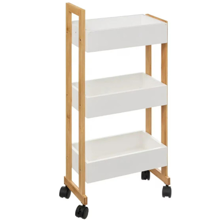 Mobila baie - Etajera cu roti Atmosphera Natureo cu 3 niveluri, bambus si MDF, 41x20x81 cm, alb