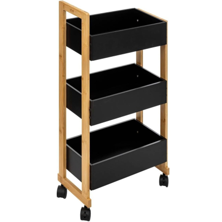 Mobila baie - Etajera cu roti Atmosphera Natureo cu 3 niveluri, bambus si MDF, 41x20x81 cm, negru