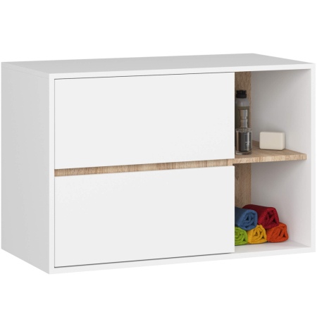 Mobilier pentru baie - Etajera de baie suspendata, cu 2 sertare, PAL 16 mm, 90x46x60 cm, alb si stejar sonoma