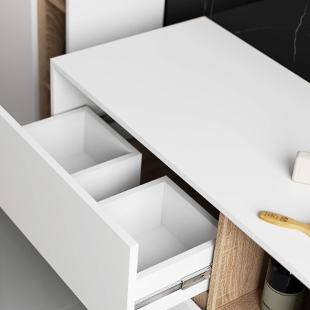 Etajera de baie suspendata, cu 2 sertare, PAL 16 mm, 90x46x60 cm, alb si stejar sonoma [10]