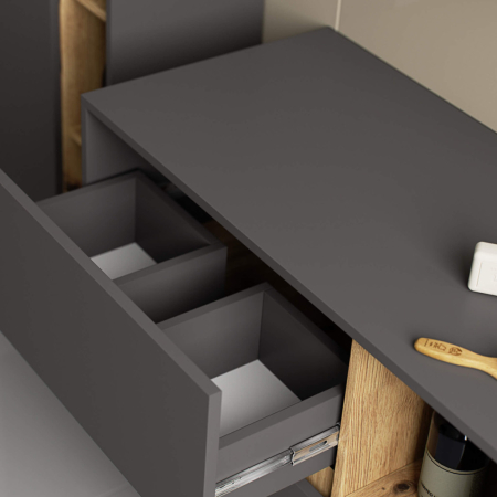 Etajera de baie suspendata, cu 2 sertare, PAL 16 mm, 90x46x60 cm, gri si stejar artisan [7]