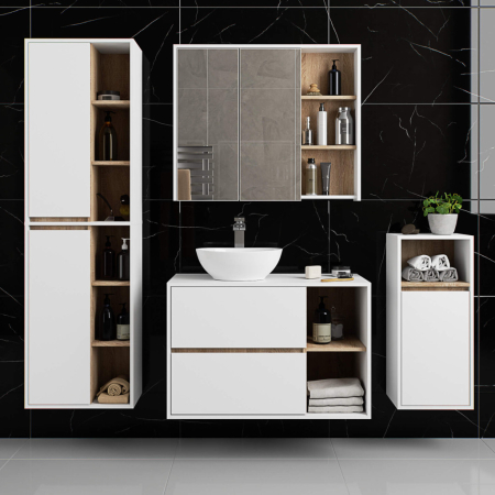 Etajera de baie suspendata, cu 2 usi, PAL 16 mm, 35x30x80 cm, alb si stejar sonoma [3]