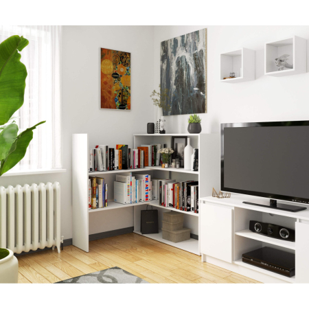 Etajera de colt pentru carti si decoratiuni, cu 3 rafturi, PAL laminat 16 mm, 174x30x109 cm, alb [4]