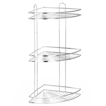 Baie - Etajera colt dus 3 polite inox, montaj perete, max 9 kg, margini protectie, 25x25x59 cm, argintiu