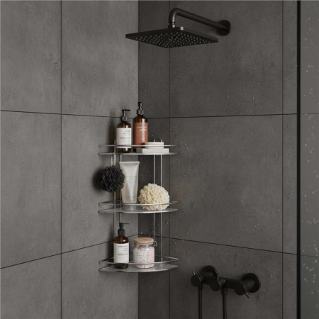 Etajera colt dus 3 polite inox, montaj perete, max 9 kg, margini protectie, 25x25x59 cm, argintiu [7]