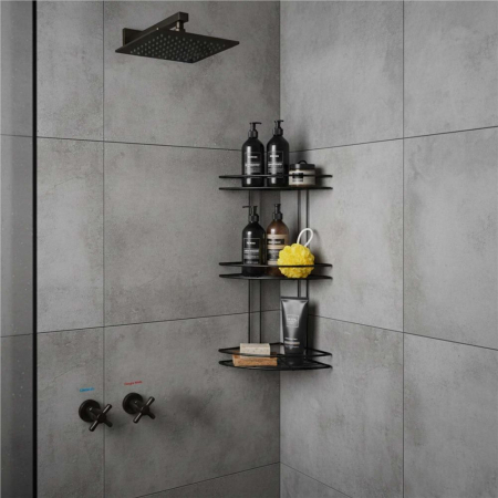 Etajera colt dus 3 polite inox, montaj perete, max 9 kg, margini protectie 4 cm, 25x25x59 cm, negru [6]