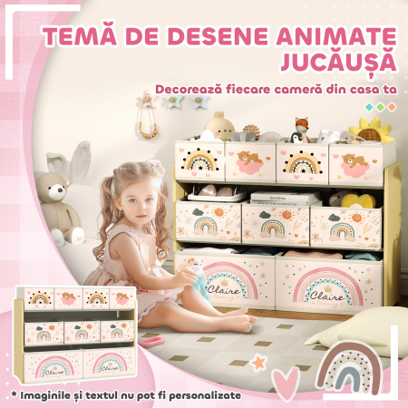  Etajera Depozitare Jucarii cu 3 Niveluri si 9 Cutii de tesatura, Mobilier Depozitare Jucarii, 93x30x70 cm, Galben [5]