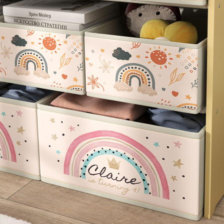  Etajera Depozitare Jucarii cu 3 Niveluri si 9 Cutii de tesatura, Mobilier Depozitare Jucarii, 93x30x70 cm, Galben [7]
