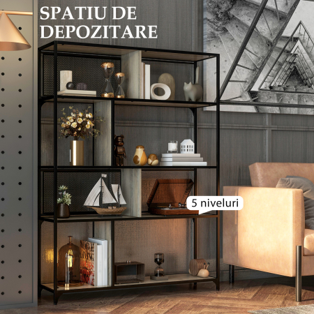  Etajera Industriala cu 5 Niveluri si 2 Usi Culisante, Raft pentru Carti din Lemn si Otel, 120x30x161 cm, Gri [4]
