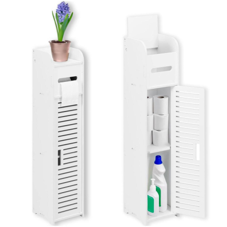 Etajera ingusta pentru baie, 3 rafturi si sertar suport hartie igienica, 80x17x16 cm, alb [5]