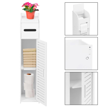Etajera ingusta pentru baie, 3 rafturi si sertar suport hartie igienica, 80x17x16 cm, alb [13]