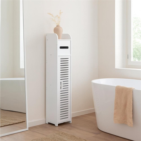 Etajera ingusta pentru baie, 3 rafturi si sertar suport hartie igienica, 80x17x16 cm, alb [14]