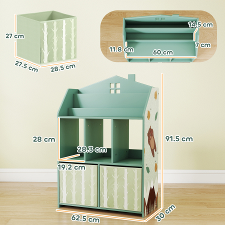  Etajera pentru jucarii cu sertare din material textil rafturi deschise design cu ursuleti organizator de jucarii Verde [2]