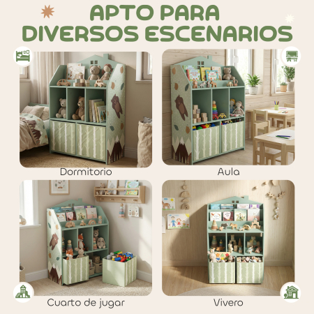  Etajera pentru jucarii cu sertare din material textil rafturi deschise design cu ursuleti organizator de jucarii Verde [3]