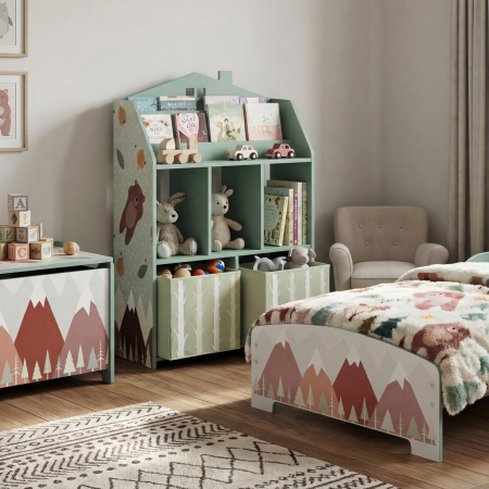  Etajera pentru jucarii cu sertare din material textil rafturi deschise design cu ursuleti organizator de jucarii Verde [4]