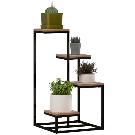 Living & hol -  Etajera pentru Plante cu 4 Nivele din Otel si Lemn, 40x40x75.5 cm, Maro si Negru