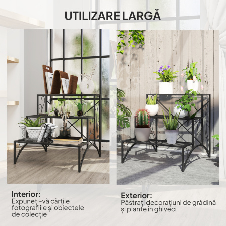  Etajera-suport pentru plante, cu 3 niveluri, in forma de scara, pentru interior si exterior, din metal, 60x60x60 cm, negru [6]