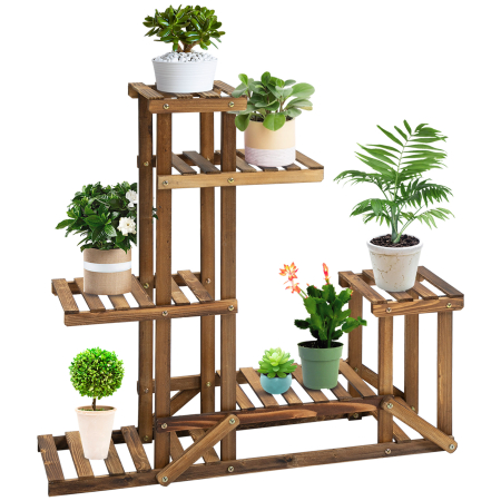 Living & hol -  Etajera Suport Plante Asimetrica cu 6 Niveluri pentru Gradina si Casa, din Lemn, 95x28x96.5 cm